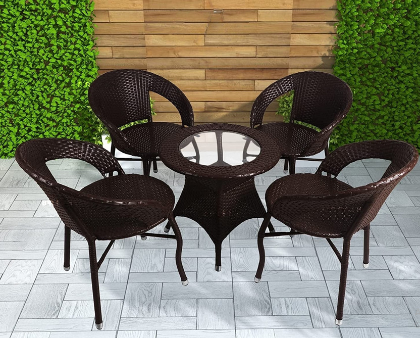 Kimber Street Furniture Rattan Wicker 4-Seater Patio Coffee Chair & Table Set with Glass Top Metal Outdoor Chair(Brown, Set of 5, Pre-assembled)