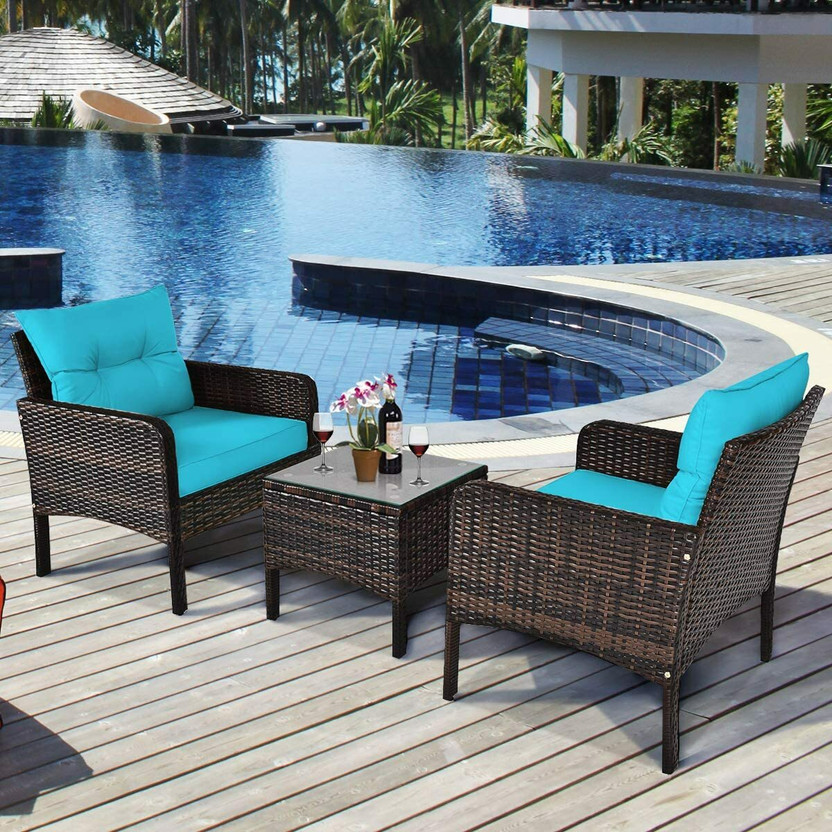 Kimber Street Furniture Outdoor-Indoor Rattan Wicker Patio Furniture Conversation Set Metal Outdoor Chair(Brown Wicker with Sky Blue Cushions, Set of 3, Pre-assembled)