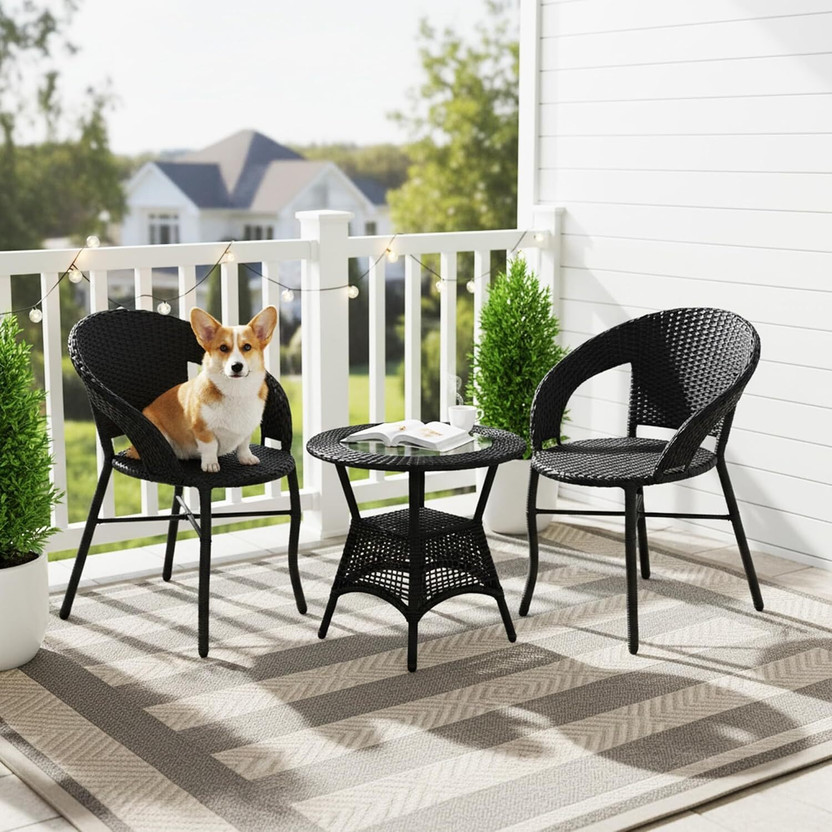 Kimber Street Outdoor Wicker Patio Coffee Chairs with Table Set Metal Outdoor Chair(Black Wicker, Set of 3, Pre-assembled)