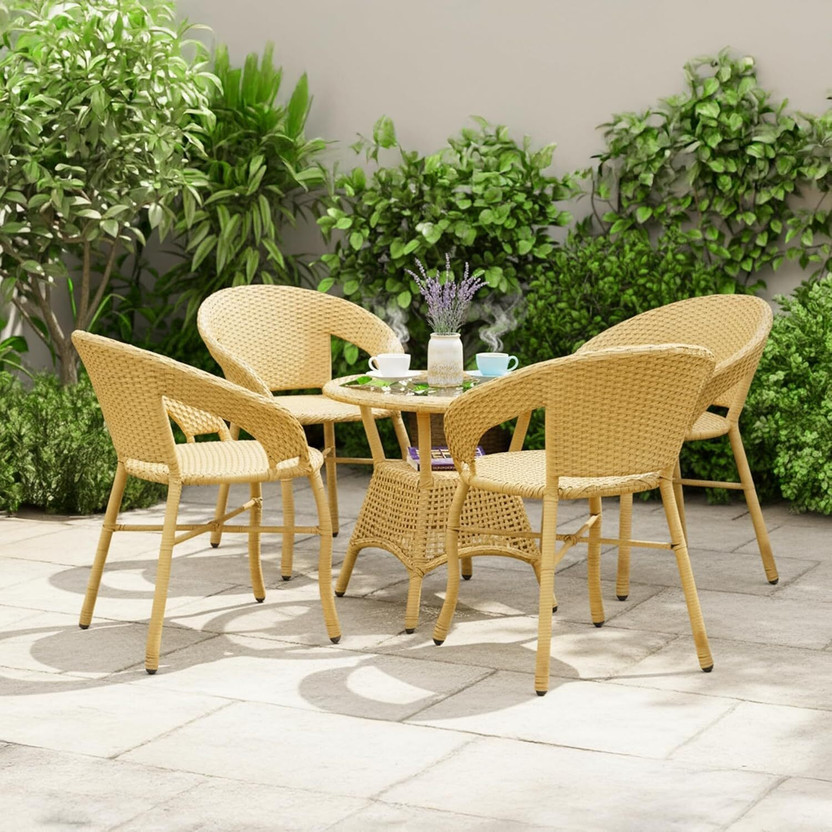 Kimber Street Outdoor Wicker Patio, Garden, Balcony Coffee Chairs with Table Set (4+1) Metal Cafeteria Chair(Honey Beige Wicker, Set of 5, Pre-assembled)