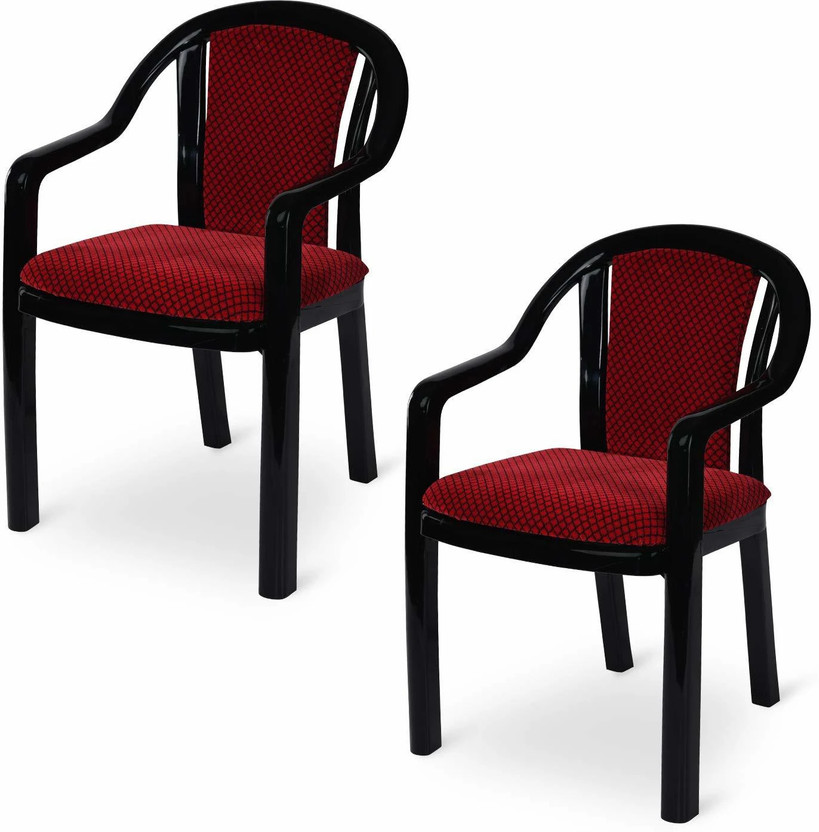 Supreme Ornate Plastic Chair With Cushioned Seat & Backrest|Sturdy Armchair For Balcony| Plastic Outdoor Chair(Red & Black, Set of 2, DIY(Do-It-Yourself))