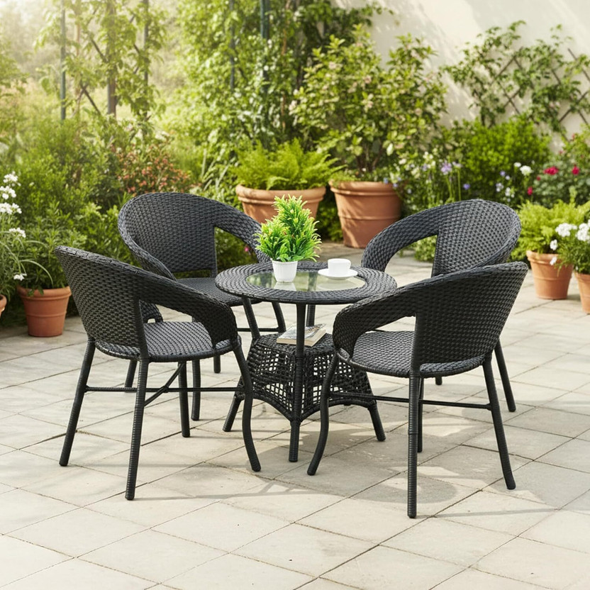 Kimber Street Outdoor Wicker Patio, Garden, Balcony Coffee Chairs with Table Set (4+1) Metal Cafeteria Chair(Black Wicker, Set of 5, Pre-assembled)