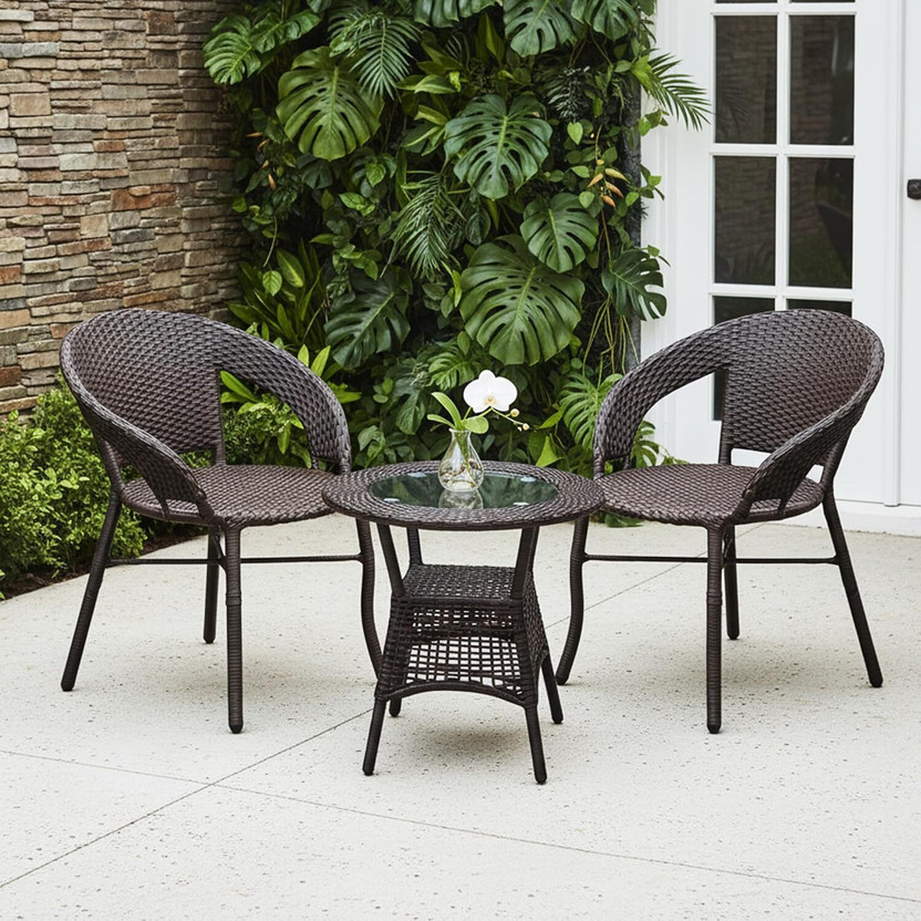 Kimber Street Outdoor Wicker Patio Coffee Chairs with Table Set Metal Outdoor Chair(Dark Brown Wicker, Set of 3, Pre-assembled)