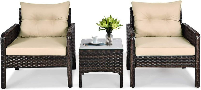 Kimber Street Furniture Outdoor-Indoor Rattan Wicker Patio Furniture Conversation Set Metal Outdoor Chair(Brown Wicker with Beige Cushions, Set of 3, Pre-assembled)