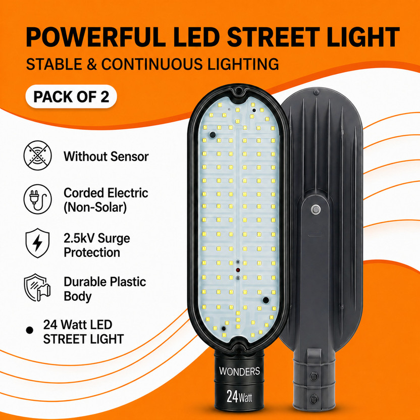 Wonders 24 Watt LED Street Light (White Color) Pack of 2 |Without-Sensor| Corded Electric Non Solar | IP65 Waterproof | Easy Installation | 2.5kV Surge Protection | Weatherproof | Outdoor Light |Street Light | Suitable for Street, Gate, Parking & Security Lighting Street Light Outdoor Lamp(White)