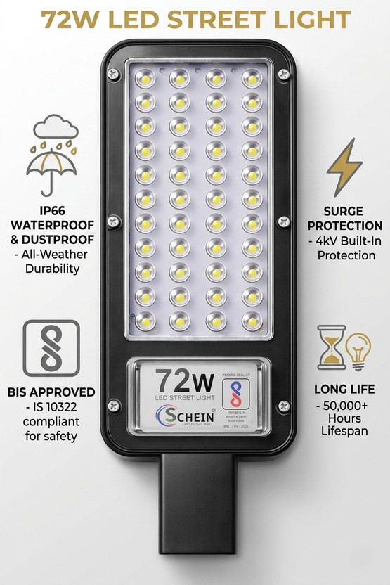 SCHEIN Street Light LED 72W White (Non-Solar, Without Sensor) | Pack of 1 | Bright White High Output | IP65 Waterproof & Durable | Energy Efficient Long Lifespan | Outdoor Lighting Lamp Street Light Outdoor Lamp(White)