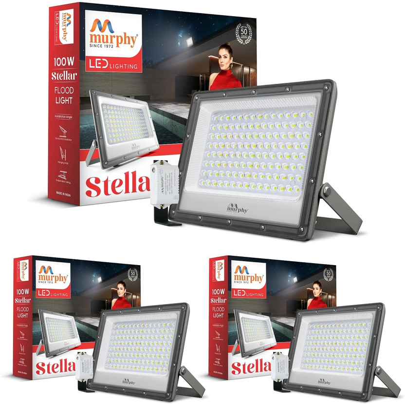 MURPHY Stellar 100W LED Flood Light with Day-Night Sensor & Driver, Cool White 6500K, IP66 Waterproof, Outdoor Security & Landscape Lighting, BIS Approved , Pack of 3 Flood Light Outdoor Lamp(Grey)