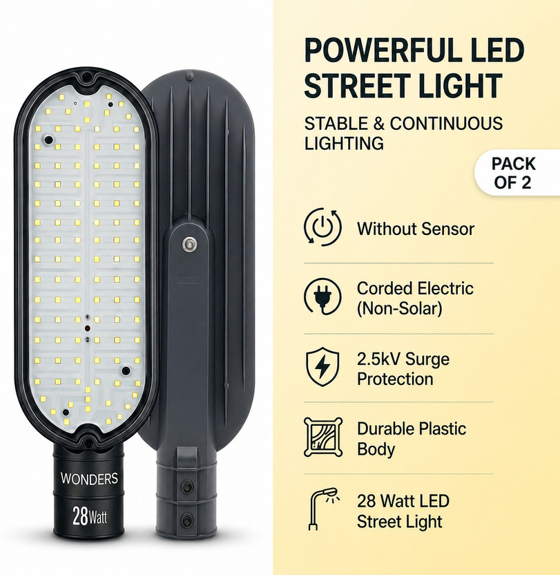 Wonders 28 Watt LED Street Light (White Color) Pack of 2 |Without-Sensor| Corded Electric |IP65 Waterproof | 2.5kV Surge Protection | Weatherproof | Outdoor Light |Street Light | Easy Installation | Suitable for Street, Home Gates, Factory,Stadium, Security Lighting & Parking Street Light Outdoor La