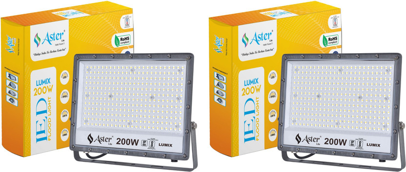 ASTER LITE Lumix 200W LED Flood Light IP66 Waterproof 6500K Cool White (Pack of 2) Flood Light Outdoor Lamp(Grey)