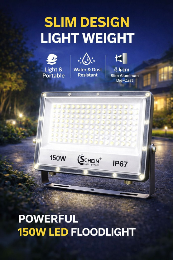 SCHEIN 150 Watt LED Flood Light White | Pack of 1 | BIS Approved | High Bright Outdoor Security Light | Slim Aluminium Die-Cast Body | Weatherproof | Parking Area Warehouse Street Light Flood Light Outdoor Lamp(Grey)