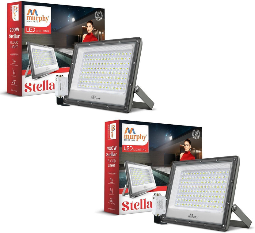 MURPHY Stellar 200W LED Flood Light with Auto Day-Night Sensor | Ultra-Bright 6500K Cool White | IP66 Waterproof & Surge Protected | High Lumen Outdoor Security Light for Factory, (Pack of 2) Flood Light Outdoor Lamp(Grey)
