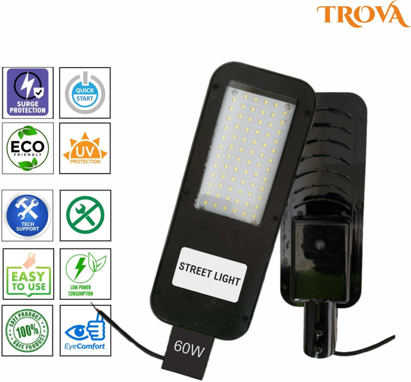 Trova 60W LED Street Light | Waterproof IP65 | 6000 Lumens | Energy Efficient Outdoor Lighting | Industrial & Commercial Use | Long Lifespan 50,000 Hours Street Light Outdoor Lamp(Black, Grey)