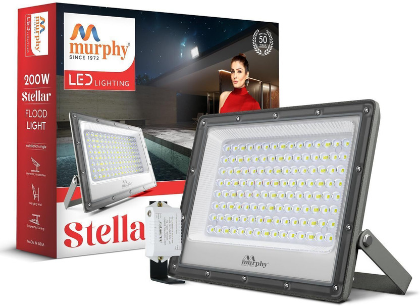 MURPHY Stellar 200W LED Flood Light with Auto Day-Night Sensor | Ultra-Bright 6500K Cool White | IP66 Waterproof & Surge Protected | High Lumen Outdoor Security Light for Factory, (Pack of 1) Flood Light Outdoor Lamp(White)