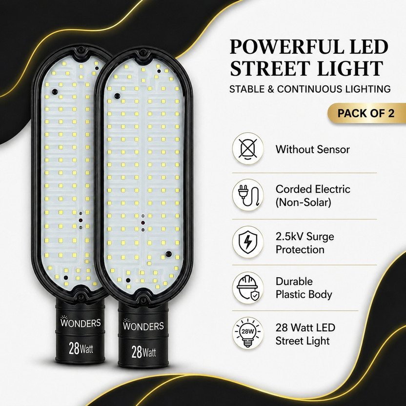 Wonders 28 Watt LED Street Light (White Color) Pack of 2 |Without-Sensor| IP65 Waterproof | Weatherproof | Outdoor Light |Street Light | Corded Eelectric (Non Solar) | Easy Installation | 2.5kV Surge Protection| Suitable for Street, Home Gates, Factory,Stadium, Parking & Security Lighting Street Lig