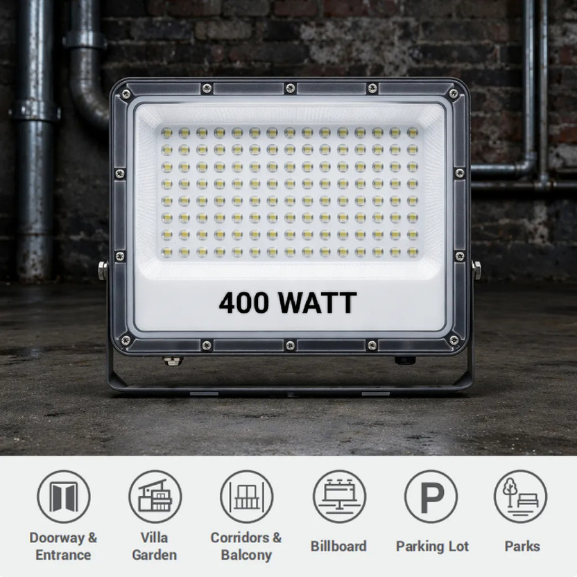 GadgetsSTS GadgetsSTS 400 WATTS LED Flood Light| Cool White 6500K Color Temperature LED Lamp| IP54 Waterproof Surge Protection Focus Light for Factory, Garage, Parking, Garden, Playground & Shop Kalvin Pack of 1 Flood Light Outdoor Lamp(White) - Flipkart Deal