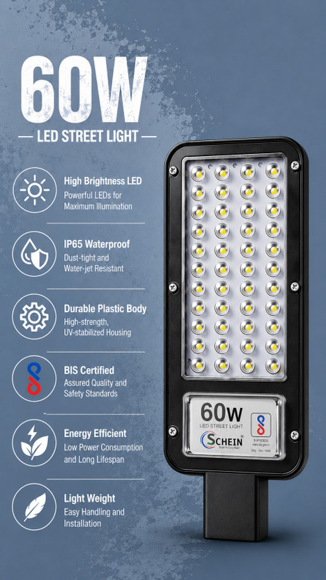 SCHEIN 60 Watt LED Street Light Outdoor Pack of 1 | Bright LEDs | IP65 Waterproof | Without Sensor | Non-Solar Corded Electric | Energy Efficient | Plastic Body | Lightweight Design | S1W3 Street Light Outdoor Lamp(White)