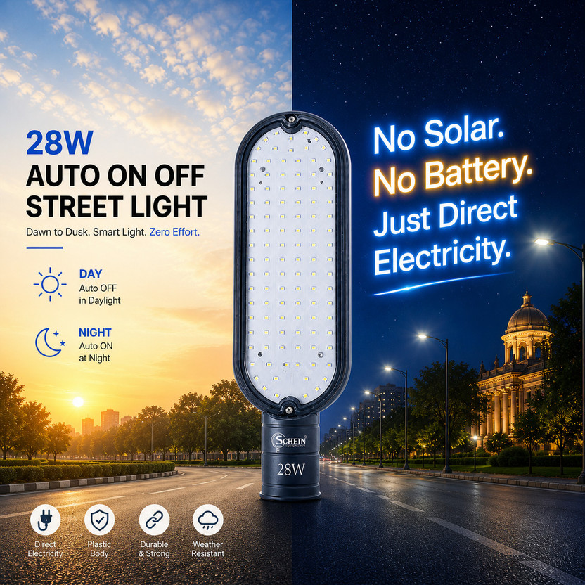 SCHEIN 28W Automatic LED Street Light | White Color | Pack of 1 | LDR Sensor Light | Waterproof IP65 | Direct Power | No Solar No Battery | Plastic Body Street Light Outdoor Lamp(Black)