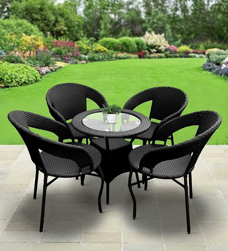 Kimber Street Furniture Rattan Wicker 4-Seater Patio Coffee Chair & Table Set with Glass Top Metal Outdoor Chair(Black, Set of 5, Pre-assembled)