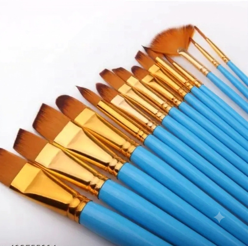 Design connection Artist 12 Pcs Arts Brushes Set with Wood Handle Durable Smooth Nylon Hair Oil Painting Watercolor Paint Artist Brush ( Color_Blue_ Golden)(Set of 1, Blue, Golden)