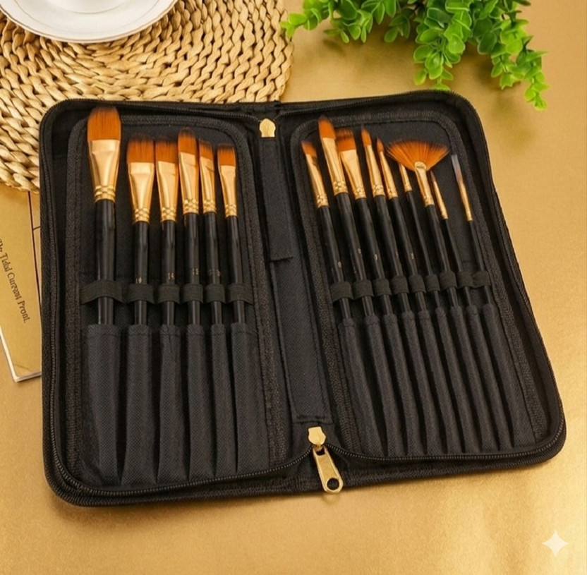 Design connection 12 pcs Professional Nylon Painting Pens Wooden pole Acrylic Oil Watercolor Artist Paint Brush Set(Set of 1, Black, Golden)