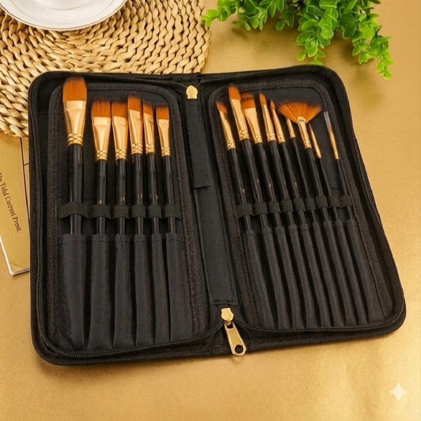 Design connection 12 pcs Professional Nylon Painting Pens Wooden pole Acrylic Oil Watercolor Artist Paint Brush Set(Set of 1, Black, Golden)