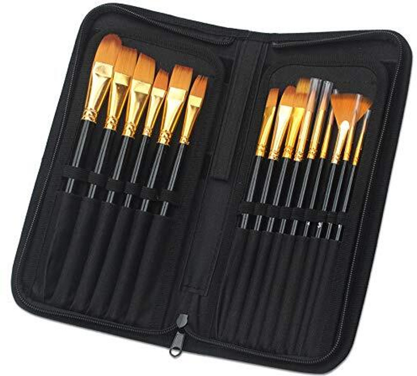 Beauty Hub Decor 12 Pieces Artist Painting Brush Set Includes Zippered Carrying Case and Knife and Palette and Paint Brush and Sponge for Acrylic(Black, Golden)
