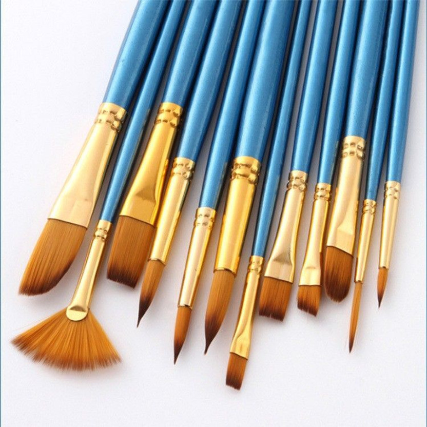 Design connection Artist Painting Brushes Set of 12 Professional Round Pointed Tip Nylon Hair Artist Acrylic Paint Brush for Acrylic/Watercolor/Oil Painting (Color _ Blue & Golden)(Blue, Golden)