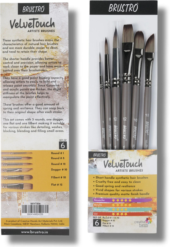 BRuSTRO VelveTouch Artist brushes for Watercolor, Gouache, Acrylics and oil Brush(Set of 6, Grey)