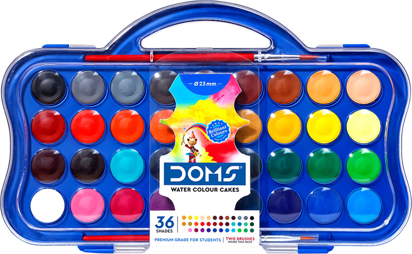 DOMS Non-Toxic 23mm Water Colour Cake Set with 2 Paint Brushes (36 Assorted Shades)(Set of 1, Multicolor)