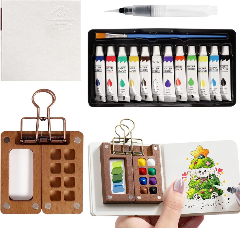 chidakash Mini Watercolor Paint Set with Pocket Sketchbook & Water Brush for Artists(Set of 12, Multicolor)