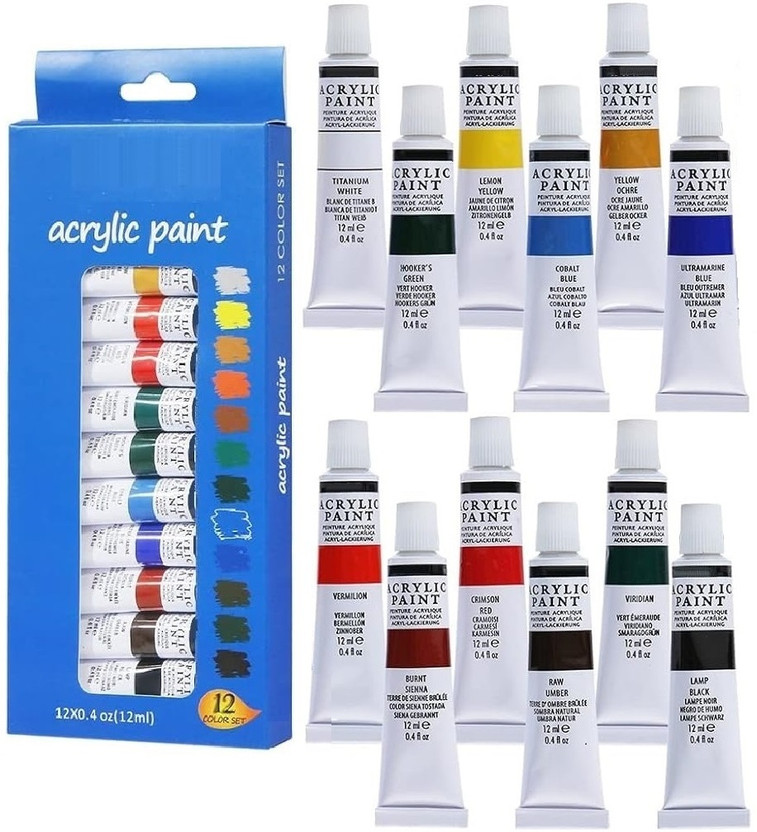 Corslet Acrylic Paint Tubes Set of 12 Colors (12ml Each) | Multi Color Acrylic Paint Set(Set of 12, Perfect for Painting Beginners Students Adults Great Gift Idea)