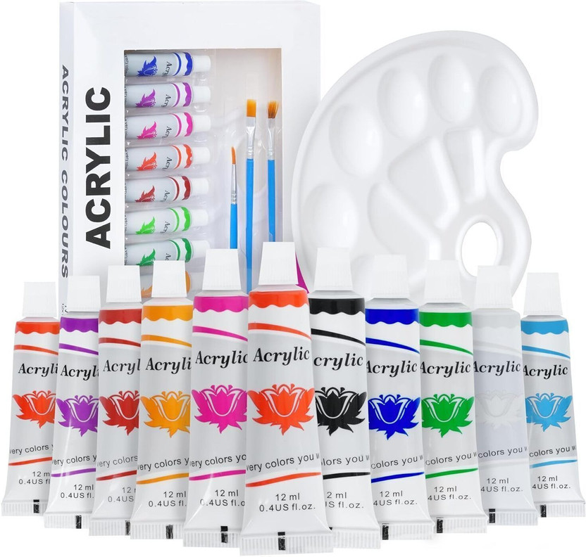 THREADFLUANT Acrylic Paint Set 12 Colours , Perfect for Canvas, Wood, Fabric, Leather(Set of 12, Multicolor)