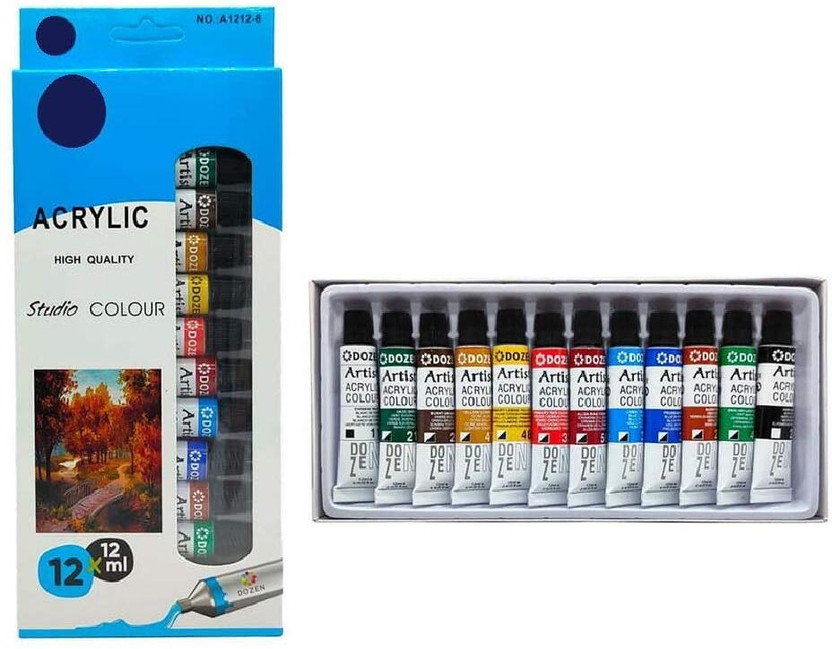 Prescent Acrylic Color Painting Set for All Beginners & Artists (12 paints of 12 ml each)(Set of 1, Multicolor)