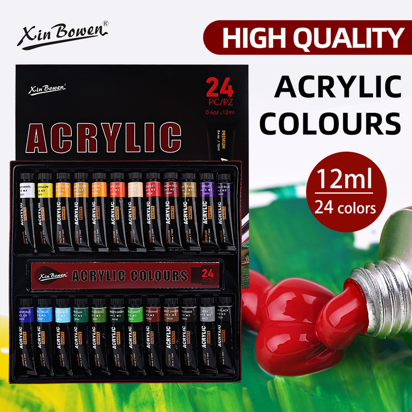 XinBoWen Premium Acrylic Paint Set 12 ml, High Quality Pigments for Artists & Crafters(Set of 24, Multicolours)