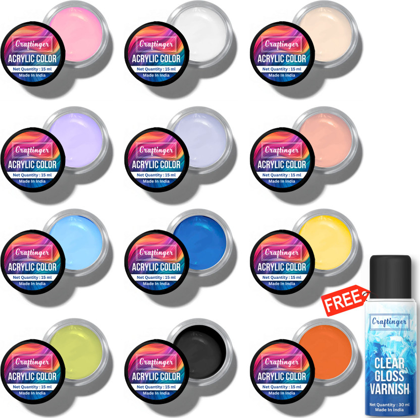 Craftinger 12 Sets of Acrylic Color 15ml include Pastel & Essential shades & 30ml Varnish(Set of 1, Multicolor)