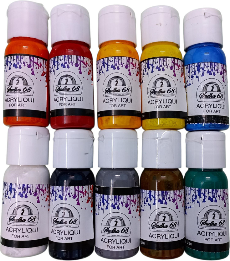 Sudha 68 Acryliqui Liquid Acrylic Colours Set (10 Shades, 30ml Each)(Set of 10, Multicolor)