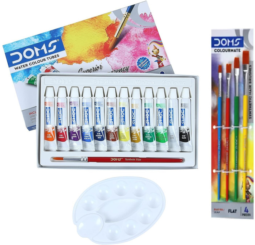 DOMS Water Color Tube with colormate 4 pc Brush(Set of 12, Multicolor)
