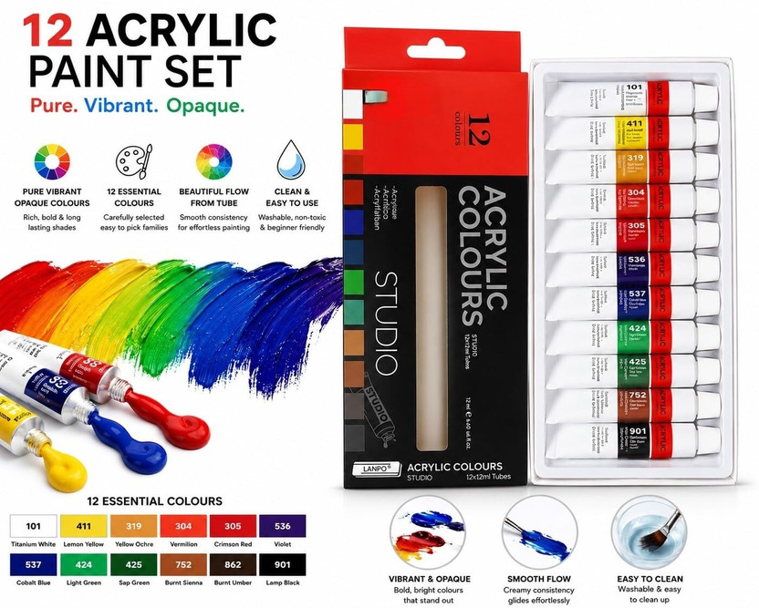 Jaravik Acrylic Paint Set for Canvas Painting, Fabric, Wood (12 ml tube)(Set of 12, Multicolor)
