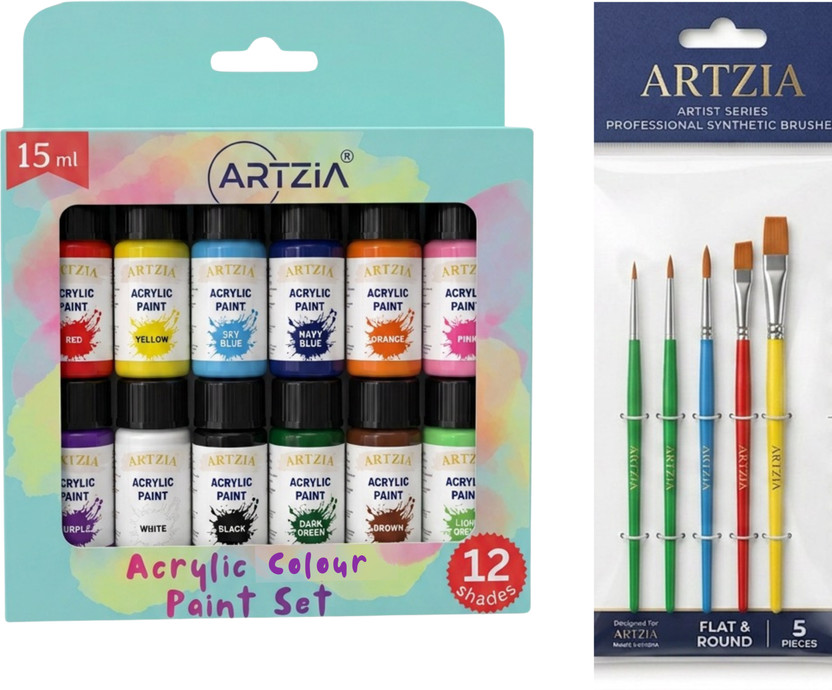 ARTZIA Acrylic Colors Set of 12 180ml with 5 Artist Brushes for DIY Art & Craft(Set of 12, Multicolor)