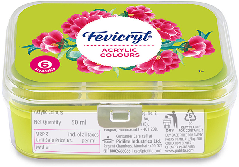 Fevicryl Acrylic Colours Lilac Kit, DIY Paint, Rich Pigment, Multi-surface, 60ml(Set of 6, Crimson Red, Lemon yellow, Blue, Green, Black, White)