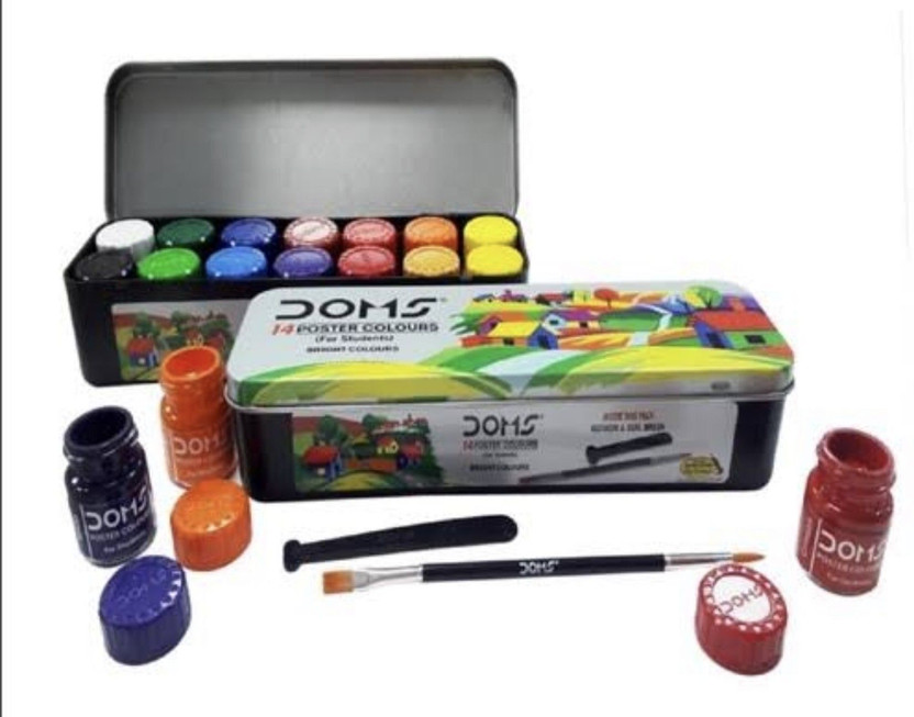 DOMS 14 poster colours(Set of 1, Lemon Yellow, Poster Red, Poster Black, Chrome Yellow, Light Green, Cobalt Blue Hue, Yellow Ochre, Poster Green, Prussian Blue, Poster White, Crimson Red, Burnt Sienna, Orange, Violet)
