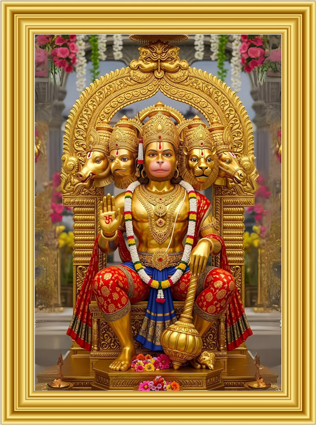 Meclay Arts Vastu Panchmukhi Hanuman Spiritual Vastu Art for Courage & Strength Acrylic 14 inch x 10 inch Painting(With Frame)