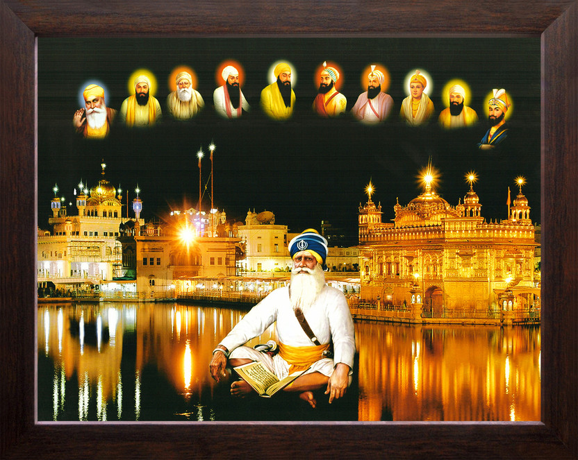 Artcoin Baba Deep Singh ji with All Ten Sikh Gurus and Golden Temple in Amritsar Frame. Digital Reprint 9 inch x 7 inch Painting(With Frame)