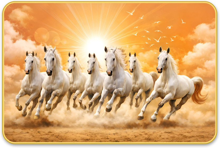 ArtMantra MG-106 Vastu 7 Horses Wall Living | Bedroom | Office Room | Hotel Digital Reprint 18 inch x 12 inch Painting(With Frame)