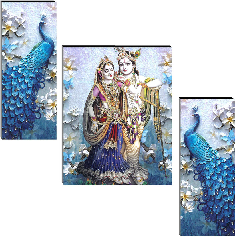 Indianara Set of 3 Radha Krishna with Peacocks MDF Art Painting (4141FL) without glass Digital Reprint 18 inch x 12 inch Painting(With Frame, Pack of 3)