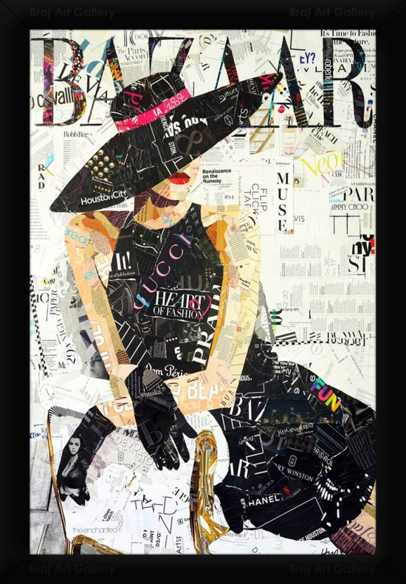 Braj Art Gallery Bazaar Magazine Girl Wearing Hat Paper Clip Collage Fashion Framed Poster Digital Reprint 19.5 inch x 13.5 inch Painting(With Frame)