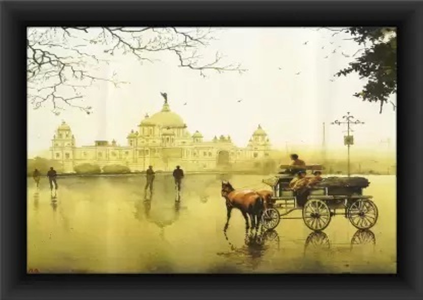 AARTKALA Kolkata City Painting, Victoria Memorial Framed Art Canvas 14 inch x 10 inch Painting(With Frame)