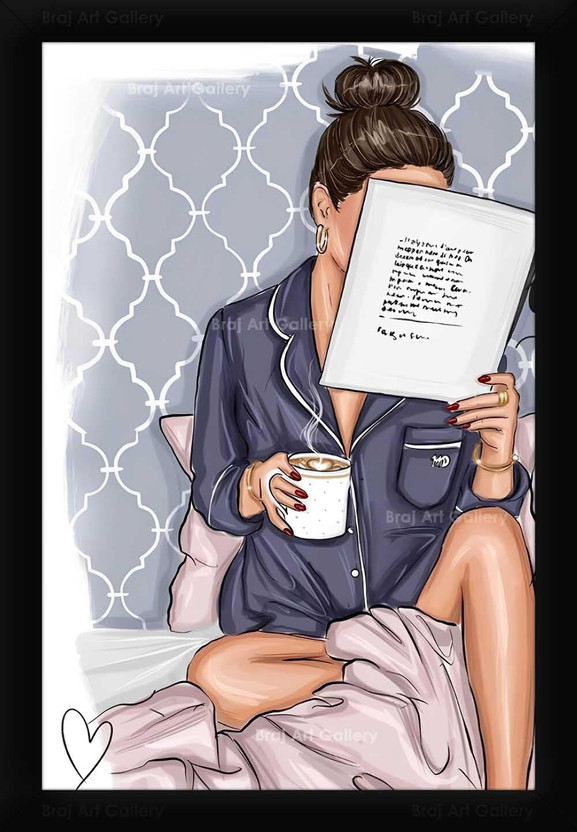 Braj Art Gallery Fashion Poster Girl Reading Magazine with Morning Coffee Photo Frame Digital Reprint 19.5 inch x 13.5 inch Painting(With Frame)