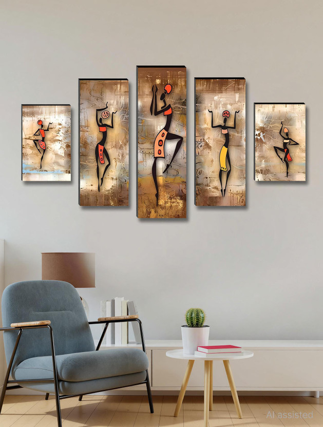 saf African Lady UV Textured Set of 5 Home Decorative Pack of 5(Multicolor)