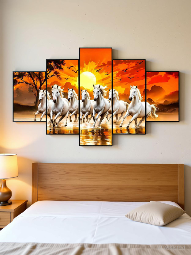 JB Creations Good Luck Seven Horses Home Decor Digital Reprint 18 inch x 30 inch Painting(Without Frame, Pack of 5)